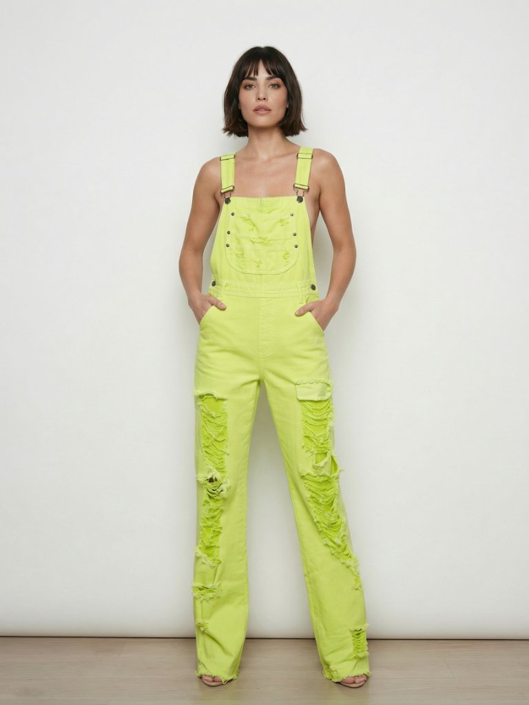 Carmar Factory Distressed Neon Lime Bib Overalls 100% Cotton Size Small
